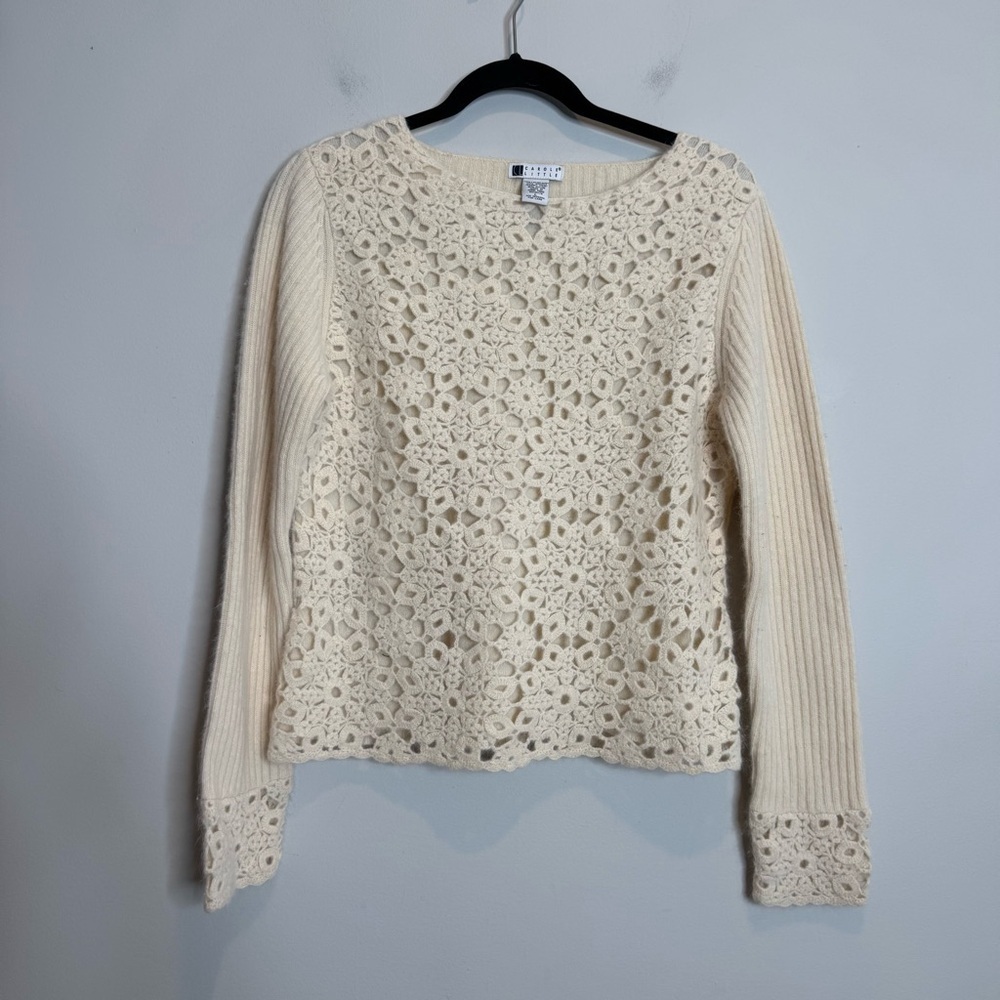 Vintage Y2K Lambs Wool Angora Crochet Cream Sweater Soft Girl Romantic Large